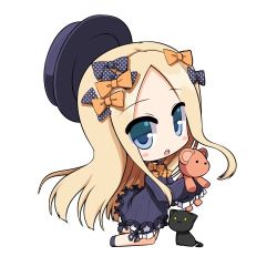 Rule 34 | 1girl, :3, :o, abigail williams (fate), animal, black bow, black cat, black dress, black footwear, black hat, blonde hair, bloomers, blue eyes, blush, bow, bug, butterfly, cat, chibi, closed mouth, commentary request, dress, fate/grand order, fate (series), forehead, full body, hair bow, hat, holding, holding stuffed toy, insect, long hair, long sleeves, lowres, orange bow, parted bangs, parted lips, polka dot, polka dot bow, shirasu youichi, simple background, sleeves past fingers, sleeves past wrists, solo, stuffed animal, stuffed toy, teddy bear, teeth, underwear, unworn hat, unworn headwear, upper teeth only, very long hair, white background, white bloomers