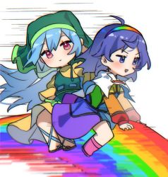 Rule 34 | 2girls, :d, ahoge, apron, blue eyes, blue hair, closed mouth, dress, full body, green apron, green headwear, haniyasushin keiki, long hair, looking at viewer, maisuiren, multicolored clothes, multiple girls, open mouth, patchwork clothes, rainbow, red eyes, riding, short hair, simple background, single strap, smile, tenkyuu chimata, touhou, v-shaped eyebrows, white background, yellow dress