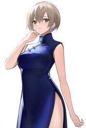 Rule 34 | 1girl, absurdres, blue dress, brown eyes, china dress, chinese clothes, commentary request, dress, green eyes, highres, looking at viewer, original, shiroyama soh, short hair, sleeveless, sleeveless dress, solo, thighs, white background