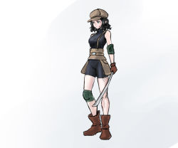 Rule 34 | 1girl, 2524060295, absurdres, black hair, boots, brown footwear, brown gloves, brown hat, gloves, gradient background, hat, highres, holding, holding sword, holding weapon, luo xiaohei zhanji, medium hair, sansan (the legend of luoxiaohei), sleeveless, solo, standing, suspenders, sword, weapon, white background, wide shot