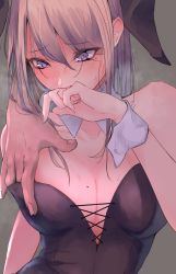 Rule 34 | 1boy, 1girl, akiyama cz4a, alternate costume, alternate hair color, animal ears, arm behind back, arm up, backlighting, bare shoulders, black leotard, blush, breasts, close-up, collar, collarbone, covering own mouth, dark, detached collar, disembodied hand, eyelashes, eyes visible through hair, fingernails, gradient hair, grey background, groping, hair between eyes, heavy breathing, highres, leotard, light brown hair, long hair, looking at another, looking down, mole, mole on breast, mole under eye, multicolored hair, nail polish, nipple stimulation, nipple tweak, nose blush, pink nails, playboy bunny, purple eyes, purple hair, purple leotard, rabbit ears, sidelocks, simple background, solo focus, sweat, sweatdrop, touhou, upper body, white collar, white wrist cuffs, wrist cuffs, yakumo yukari