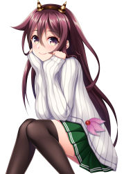 Rule 34 | 1girl, absurdres, black thighhighs, brown hair, closed mouth, fake horns, feet out of frame, green skirt, hair between eyes, highres, horned headwear, horns, kantai collection, kisaragi (kancolle), long hair, long sleeves, pleated skirt, purple hair, ribbed sweater, ruin re birth, simple background, skirt, smile, solo, sweater, thighhighs, white background, white sweater, yellow eyes