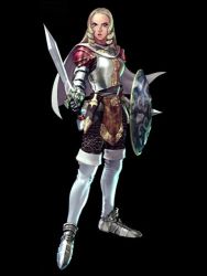 Rule 34 | 1girl, abelia schillfelt, armor, blonde hair, blue eyes, boots, breastplate, cape, chainmail, chronicles of the sword, drill hair, extra, female focus, full body, kawano takuji, lowres, official art, pauldrons, plate armor, pteruges, sabatons, shield, shoulder armor, simple background, solo, soul calibur, soulcalibur, soulcalibur iii, standing, sword, thigh boots, thighhighs, weapon