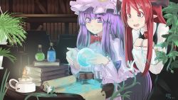Rule 34 | 2girls, b.d, book, bookshelf, bottle, commentary request, cork, crystal, flower, hat, head wings, hexagram, koakuma, lamp, leaf, long hair, long sleeves, magic, magic circle, mob cap, multiple girls, open mouth, patchouli knowledge, plant, pointy ears, potion, purple eyes, purple hair, red eyes, red hair, smile, touhou, white flower, wide sleeves, wings
