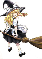 Rule 34 | 1girl, apron, blonde hair, bow, braid, broom, broom riding, dress, female focus, full body, hat, kirisame marisa, osakana (denpa yun&#039;yun), simple background, solo, touhou, white background