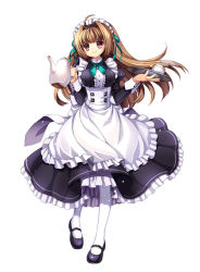 Rule 34 | 1girl, blush, brown hair, capura lin, cup, full body, hair intakes, hair ribbon, holding, long hair, looking at viewer, maid, maid headdress, mary janes, original, pantyhose, pink eyes, ribbon, shoes, simple background, smile, solo, steam, teapot, tray, white background, white pantyhose