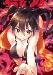 Rule 34 | 1girl, all fours, bare shoulders, bent over, black bra, black hair, blush, bra, breasts, cat tail, cleavage, en&#039;en no shouboutai, fang, fiery tail, hair between eyes, hand up, highres, jacket, large breasts, long hair, looking at viewer, off shoulder, orange jacket, reaching, reaching towards viewer, smile, solo, tail, tamaki kotatsu, tsukiman, twintails, underwear, yellow eyes
