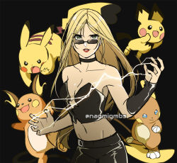 Rule 34 | 1girl, alolan form, alolan raichu, blonde hair, breasts, capcom, cleavage, commentary request, corset, creatures (company), crossover, devil may cry (series), electricity, evolutionary line, game freak, gen 1 pokemon, gen 2 pokemon, gen 7 pokemon, grey eyes, highres, long hair, looking at viewer, midriff, naomi gumbs (hanamimi), navel, nintendo, open mouth, pichu, pikachu, pokemon, pokemon (creature), power connection, raichu, sunglasses, trish (devil may cry), twitter username