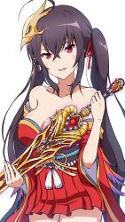 Rule 34 | 1girl, azur lane, bare shoulders, betelbear, black hair, breasts, chaos dragon, cleavage, crossover, highres, holding, japanese clothes, kimono, large breasts, long hair, looking at viewer, off shoulder, qisha tianling, qisha tianling (thunderbolt fantasy), red eyes, simple background, sword, taihou (azur lane), transparent background, twintails, weapon