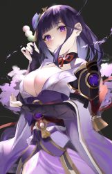 Rule 34 | 1girl, absurdres, armor, artist name, black background, blush, braid, breasts, bridal gauntlets, cleavage, commentary request, dango, food, genshin impact, hair ornament, highres, holding, holding food, huge filesize, japanese clothes, kimono, kyoro ina, large breasts, long hair, long sleeves, looking at viewer, mole, mole under eye, nail polish, obi, obiage, parted lips, purple eyes, purple hair, purple nails, raiden shogun, ribbon, sash, shoulder armor, simple background, solo, tassel, wagashi, wide sleeves