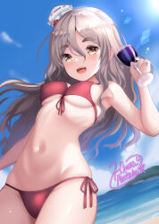 Rule 34 | 1girl, absurdres, alcohol, beach, bikini, blue sky, blush, breasts, brown eyes, cloud, cloudy sky, cup, day, drinking glass, drunk, grey hair, hair between eyes, hat, highres, himura moritaka, kantai collection, large breasts, long hair, looking at viewer, mini hat, mountain, ocean, open mouth, pola (kancolle), red bikini, sand, signature, sky, smile, solo, sunlight, swimsuit, thick eyebrows, tilted headwear, water, wavy hair, wine, wine glass