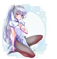 Rule 34 | 1girl, blue eyes, chinese clothes, full body, iesupa, long hair, pantyhose, ponytail, rwby, scar, scar across eye, scar on face, side ponytail, solo, weiss schnee, white hair