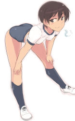 Rule 34 | 1girl, ass, bent over, blue socks, blush, brown hair, buruma, em (totsuzen no hakike), gym uniform, hands on own knees, kneehighs, looking at viewer, outline, shirt, shoes, short hair, short sleeves, sketch, socks, solo, strike witches, strike witches zero, tan, tomboy, wakamoto tetsuko, white background, white shirt, world witches series