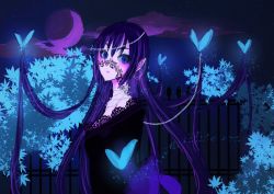 Rule 34 | 1girl, absurdres, blue eyes, blush, bug, butterfly, earrings, fanom, fence, frills, glowing, highres, holding, holding own hair, insect, jewelry, leaf, long hair, magic, moon, necklace, night, original, pointy ears, purple hair, purple moon, sketch, solo, sparkle, star (sky), star (symbol)