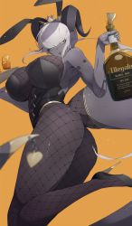 Rule 34 | 1girl, alcohol, animal ears, ass, black footwear, black horns, black skin, bottle, breasts, colored skin, crown, cup, drinking glass, fake animal ears, fishnet pantyhose, fishnets, highres, holding, holding bottle, horns, ill (ub1mo), large breasts, legs, leotard, long hair, open mouth, orange background, original, pantyhose, playboy bunny, rabbit ears, shoes, simple background, smile, tail, thighs, ub1mo, white hair, yellow eyes