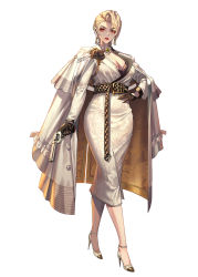 Rule 34 | 1girl, 2v (joyeong), absurdres, arm at side, blonde hair, breasts, character request, cleavage, coat, coat on shoulders, corsage, destiny child, dress, earrings, full body, gloves, gun, hand on own hip, high heels, highres, holding, holding gun, holding weapon, jewelry, long sleeves, looking at viewer, medium breasts, official art, parted lips, red eyes, short hair, simple background, solo, standing, strigoi (destiny child), weapon, white background