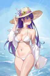 Rule 34 | 1girl, absurdres, bare shoulders, bikini, blue sky, breasts, commentary request, cowboy shot, day, grin, hat, highres, hoshino ai (oshi no ko), long hair, looking to the side, medium breasts, navel, off shoulder, open clothes, open shirt, oshi no ko, purple eyes, purple hair, shirt, sky, smile, solo, standing, stomach, sun hat, swimsuit, thighs, very long hair, water, white bikini, white shirt, wudongyouyi