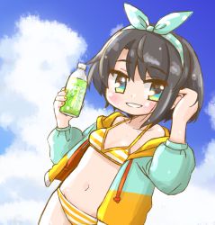 Rule 34 | 1girl, adjusting hair, aqua eyes, aqua hairband, aqua jacket, arm up, bare shoulders, bikini, black hair, blue background, blue sky, blush, bottle, bow, bow hairband, breasts, collarbone, commentary request, day, drawstring, drink, eyes visible through hair, grin, groin, hair between eyes, hairband, halterneck, hand up, holding, holding bottle, hololive, hood, hood down, hooded jacket, jacket, looking at viewer, multicolored clothes, multicolored jacket, navel, nekoyama, oozora subaru, oozora subaru (hololive summer 2019), open clothes, open jacket, open mouth, orange jacket, outdoors, sangaria, short hair, sky, small breasts, smile, solo, split mouth, striped bikini, striped clothes, swimsuit, virtual youtuber, wet, wet hair, yellow eyes