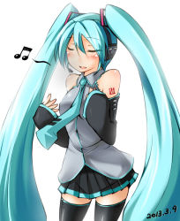 Rule 34 | 10s, 1girl, 39, 2013, aqua hair, closed eyes, dated, detached sleeves, hatsune miku, headset, kaminagi (kaminagi-tei), long hair, musical note, necktie, simple background, skirt, solo, thighhighs, twintails, very long hair, vocaloid, white background