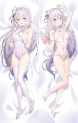 Rule 34 | 1girl, 3:, arm up, bad id, bad pixiv id, bare legs, bare shoulders, barefoot, bed sheet, blush, braid, breasts, closed eyes, collarbone, commentary request, covered navel, crown braid, dakimakura (medium), emilia (re:zero), flower, full body, gloves, hair flower, hair ornament, hairclip, highres, large breasts, long hair, looking at viewer, lying, multiple views, on back, one-piece swimsuit, open mouth, pink scrunchie, pointy ears, purple eyes, re:zero kara hajimeru isekai seikatsu, rie (reverie), scrunchie, silver hair, swimsuit, thighhighs, very long hair, water drop, wet, white gloves, white one-piece swimsuit, white thighhighs, wrist scrunchie