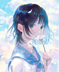 Rule 34 | 1girl, black hair, blue eyes, blue neckerchief, blue sailor collar, blue sky, blush, cloud, cloudy sky, commentary request, crying, crying with eyes open, daisy, dated, day, falling petals, flower, hand up, highres, holding, holding flower, looking at viewer, multicolored background, nakamura hinata, neckerchief, original, outdoors, petals, sailor collar, school uniform, serafuku, shirt, short hair, signature, sky, solo, tears, upper body, white flower, white shirt