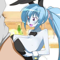 Rule 34 | animal ears, aoi (gegege no kitarou), bare shoulders, blue hair, blue skin, blush, bow, bowtie, breasts, cleavage, colored skin, detached collar, fake animal ears, gegege no kitarou, highres, huge breasts, large breasts, makarou, open mouth, paizuri, penis, playboy bunny, ponytail, purple eyes, rabbit ears, rabbit tail, smile, sweat, tail, toei animation, wrist cuffs, yuki onna