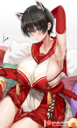 1girl, armpits, arms up, black hair, blue archive, blue eyes, breast curtain, breasts, cleavage, cowboy shot, frills, gloves, highres, huge breasts, patreon username, pillow, piukute062, red skirt, revealing clothes, short hair, skirt, steam, sweat, tsubaki (blue archive)