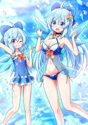 Rule 34 | 2girls, alternate hair length, alternate hairstyle, bikini, blue bikini, blue bow, blue dress, blue eyes, blue sky, bow, breasts, cirno, cleavage, cloud, commentary request, detached wings, dress, feet out of frame, hair bow, hair ornament, highres, ice, ice wings, medium breasts, multiple girls, navel, outdoors, sky, swimsuit, touhou, wings, yurume atsushi