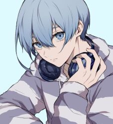 Rule 34 | 1boy, blue background, blue eyes, blue hair, blue lock, closed mouth, commentary request, drawstring, hair between eyes, headphones, headphones around neck, highres, hood, hood down, hoodie, long sleeves, looking at viewer, male focus, moco (1553561764583079936), short hair, simple background, solo, split mouth, striped clothes, striped hoodie, two-tone hoodie, upper body, you hiori