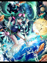 Rule 34 | 1girl, :d, bubble, dated, earth (planet), fish, goggles, goggles on head, green eyes, green hair, hatsune miku, long hair, matching hair/eyes, moon, ninjinshiru, open mouth, planet, school swimsuit, smile, solo, swimsuit, vocaloid, water