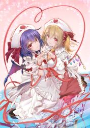 2girls absurdres alternate_costume alternate_headwear apron bat_wings blonde_hair closed_mouth commentary_request crystal flandre_scarlet hat heart heart_hands heart_hands_duo heart_print highres long_hair long_sleeves looking_at_viewer multicolored_wings multiple_girls necktie nurse nurse_cap one_side_up print_headwear purple_hair red_eyes red_necktie red_ribbon reflection remilia_scarlet ribbon shoes short_sleeves siblings side_ponytail simiji sisters smile touhou white_apron wing_print wings wrist_cuffs yellow_necktie