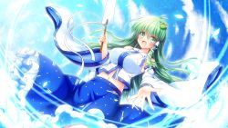 Rule 34 | 1girl, :d, bare shoulders, blue skirt, breasts, commentary request, detached sleeves, frilled skirt, frills, frog hair ornament, gohei, green eyes, grey hair, hair between eyes, hair ornament, hair tubes, highres, japanese clothes, kochiya sanae, large breasts, long hair, looking at viewer, miko, navel, open mouth, osashin (osada), outstretched arm, skirt, smile, snake hair ornament, solo, touhou, wide sleeves