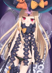 Rule 34 | 1girl, abigail williams (fate), abigail williams (second ascension) (fate), bad id, bad pixiv id, black bow, black hat, black panties, blonde hair, blush, bow, closed mouth, commentary request, fate/grand order, fate (series), groin, hat, hat bow, highres, holding, holding key, key, long hair, looking at viewer, navel, orange bow, panties, parted bangs, polka dot, polka dot bow, red eyes, revealing clothes, skull print, smile, solo, stuffed animal, stuffed toy, suction cups, sxmi, teddy bear, tentacles, underwear, very long hair, witch hat
