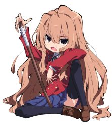 Rule 34 | 1girl, aisaka taiga, arm on knee, bad id, bad twitter id, black footwear, black ribbon, black thighhighs, blazer, blue skirt, bokken, brown eyes, brown hair, commentary, dress shirt, eyes visible through hair, frown, highres, holding, holding weapon, jacket, knee up, loafers, long hair, long sleeves, looking at viewer, miniskirt, neck ribbon, oohashi high school uniform, open mouth, pleated skirt, red jacket, ribbon, school uniform, shirt, shoes, simple background, sitting, skirt, solo, sword, take shinobu, thighhighs, toradora!, very long hair, weapon, white background, white shirt, wooden sword