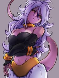 Rule 34 | 1girl, android 21, bare shoulders, black nails, black sclera, black tube top, breasts, choker, cleavage, colored sclera, colored skin, dragon ball, dragon ball fighterz, grey background, hair between eyes, kemachiku, long hair, looking at viewer, majin android 21, medium breasts, midriff, nail polish, navel, pink skin, red eyes, simple background, solo, strapless, tail, tube top, tube top, white hair, yellow choker