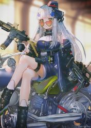 Rule 34 | 1girl, assault rifle, beret, blurry, blurry background, blush, boots, breasts, buckle, choker, crossed legs, dress, dual wielding, feet out of frame, german flag, girls&#039; frontline, gloves, green eyes, grenade launcher, gun, h&amp;k hk416, hanato (seonoaiko), hat, headgear, heart, heart-shaped eyewear, heckler &amp; koch, highres, hk416 (girls&#039; frontline), hk416 (mod3) (girls&#039; frontline), holding, jacket, long hair, looking at viewer, magazine (weapon), mod3 (girls&#039; frontline), name tag, on motorcycle, open clothes, open jacket, parted lips, pleated skirt, purple dress, rifle, shoes, sidelocks, silver hair, sitting, skirt, snap-fit buckle, solo, sunglasses, thigh strap, tinted eyewear, trigger discipline, twitter username, weapon, white dress, white gloves