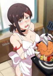 Rule 34 | 1girl, absurdres, apron, arm strap, black choker, black eyes, black hair, blurry, blurry background, blush, breasts, chainsaw man, choker, cleavage, commentary, english commentary, gloves, hair ornament, hairclip, higashiyama kobeni, highres, indoors, looking at viewer, medium breasts, medium hair, naked apron, open mouth, pochita (chainsaw man), pointing, sebasdono, single sidelock, solo, spatula, tomato, upper body, white apron, white gloves