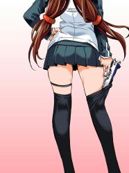 Rule 34 | 1girl, black thighhighs, bren ten, brown hair, dated, feet out of frame, from behind, gradient background, gun, hand on own hip, handgun, head out of frame, highres, inoue sora, legs, long hair, low-tied long hair, miniskirt, nazume mikuru, pink background, pistol, pleated skirt, school uniform, shoes, skirt, solo, thigh strap, thighhighs, thighhighs pull, trigger discipline, twintails, weapon, white background, zero in