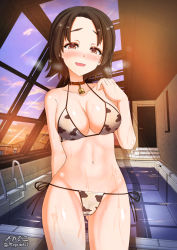 Rule 34 | 1girl, animal print, bell, bikini, blush, breasts, brown eyes, brown hair, cameltoe, cleavage, collar, collarbone, cow print, girls und panzer, highres, indoors, large breasts, looking at viewer, megadeko, navel, neck bell, open mouth, pool, rei no pool, sawa azusa, shiny skin, short hair, side-tie bikini bottom, smile, solo, standing, swimsuit