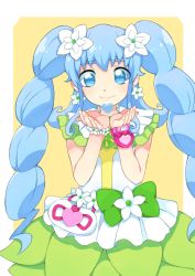 Rule 34 | 10s, 1girl, alternate form, bad id, bad pixiv id, blue eyes, blue hair, bow, cu-sith, cure princess, cure princess (macadamia hula dance), earrings, flower, green skirt, hair flower, hair ornament, happinesscharge precure!, heart, highres, jewelry, long hair, magical girl, matching hair/eyes, precure, shirayuki hime, skirt, smile, solo, twintails, yellow background