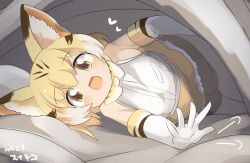 Rule 34 | 1girl, animal ear fluff, animal ears, bed, bed invitation, blonde hair, blush, breasts, cat ears, cat girl, cat tail, commentary request, cowboy shot, elbow gloves, gloves, kemono friends, lets0020, looking at viewer, medium bangs, open mouth, pillow, sand cat (kemono friends), shirt, short hair, skirt, sleeveless, sleeveless shirt, small breasts, smile, solo, tail, under covers, white gloves, white shirt, yellow skirt