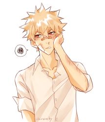 Rule 34 | 1boy, annoyed, artist name, bakugou katsuki, bandages, bandaid, blonde eyebrows, blonde hair, boku no hero academia, bruise, buttons, claireiosity, collarbone, collared shirt, eyebrows, furrowed brow, hair between eyes, hand on own face, highres, injury, looking away, looking to the side, male focus, pale skin, parted lips, red eyes, scowl, shirt, short hair, short sleeves, solo, solo focus, speech bubble, spiked hair, teeth, twitter username, watermark, white background, white shirt
