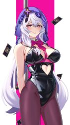 Rule 34 | 1girl, absurdres, arms behind back, black leotard, black swan (honkai: star rail), bow, bowtie, breasts, card, clothing cutout, commentary, covered navel, cowboy shot, cruzvu, detached collar, english commentary, heart cutout, highres, honkai: star rail, honkai (series), large breasts, leotard, linea alba, looking at viewer, purple bow, purple bowtie, purple hair, purple thighhighs, rabbit hole (vocaloid), smile, solo, stomach cutout, thighhighs