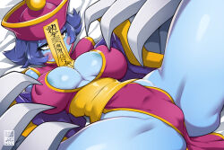 Rule 34 | 1girl, areola slip, bayeuxman, blue hair, blue skin, blush stickers, breasts, capcom, chinese clothes, claws, cleavage, cleavage cutout, clothing cutout, colored skin, covered erect nipples, female focus, hat, jiangshi, large breasts, lei lei, lying, ofuda, on back, short hair, skindentation, solo, thick thighs, thighs, undead, vampire (game), yellow eyes
