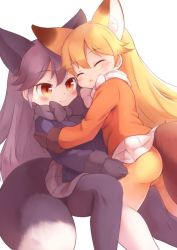 Rule 34 | 10s, 2girls, animal ear fluff, animal ears, ass, between legs, black gloves, black neckwear, black pantyhose, blazer, blonde hair, blue jacket, blush, bow, bowtie, brown gloves, cameltoe, closed eyes, commentary, extra ears, ezo red fox (kemono friends), fox ears, fox tail, fur-trimmed sleeves, fur trim, gloves, grey hair, grey skirt, hand on another&#039;s arm, hand on another&#039;s thigh, jacket, kemono friends, long hair, long sleeves, matsuu (akiomoi), multicolored clothes, multicolored legwear, multiple girls, open mouth, orange eyes, orange jacket, orange pantyhose, pantyhose, pleated skirt, silver fox (kemono friends), simple background, skirt, tail, white background, white legwear, white neckwear, white skirt