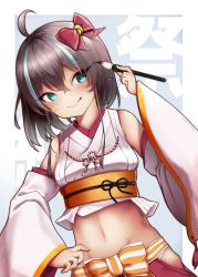 Rule 34 | 1girl, :p, ahoge, bare shoulders, bell, brown hair, closed mouth, commentary request, cowboy shot, crop top, detached sleeves, flat chest, fourth wall, green eyes, green hair, groin, hair between eyes, hair ornament, hair ribbon, highres, holding, holding paintbrush, hololive, japanese clothes, kimono, long hair, looking to the side, midriff, multicolored hair, murako (murakumoko), natsuiro matsuri, natsuiro matsuri (new year), navel, obi, paintbrush, panties, panty peek, red ribbon, red skirt, ribbon, sash, side ponytail, sidelocks, skirt, sleeveless, sleeveless kimono, smile, solo, standing, streaked hair, tongue, tongue out, underwear, virtual youtuber, white kimono, white sleeves