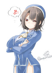 Rule 34 | 1girl, absurdres, angry, ascot, beret, black hair, blue hat, blue jacket, blush, breast press, breasts, collared shirt, commentary request, crossed arms, hair between eyes, hat, highres, jacket, kantai collection, large breasts, long sleeves, looking at viewer, marusa (marrusa), military, military uniform, miniskirt, red eyes, shirt, short hair, signature, simple background, skirt, solo, takao (kancolle), twitter username, uniform, white background