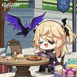Rule 34 | 1girl, absurdres, bird, black footwear, black gloves, blonde hair, bodystocking, boots, chair, chibi, closed eyes, commentary, copyright name, day, english commentary, eyepatch, fischl (genshin impact), food, genshin impact, gift, gloves, green eyes, hair between eyes, hair ornament, hair ribbon, highres, holding, holding gift, long hair, official art, on chair, open mouth, outdoors, oz (genshin impact), pancake, ribbon, single glove, sitting, smile, sparkle, thighhighs, tree, two side up, very long hair