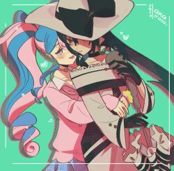 Rule 34 | 2girls, absurdres, akairosu, black gloves, black hair, blue hair, blush, creatures (company), dark miku (project voltage), dress, fairy miku (project voltage), game freak, gloves, gyaru, hat, hatsune miku, heart, heart collar, highres, hug, hug from behind, looking at another, microphone, multicolored hair, multiple girls, nintendo, pink hair, pokemon, project voltage, tongue, tongue out, twintails, two-tone hair, uneven twintails, vocaloid, yuri