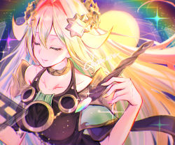 Rule 34 | 1girl, armor, blonde hair, blue hair, breasts, chomose, circlet, closed eyes, collarbone, dress, duel monster, green hair, holding, holding paintbrush, holding palette, jewelry, long hair, multicolored hair, neck ring, paintbrush, palette (object), parted lips, rainbow hair, red hair, shoulder armor, solo, the weather painter moonbow, the weather painter rainbow, yu-gi-oh!